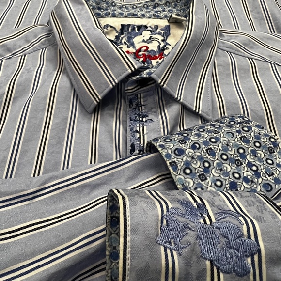 Like New [Robert Graham] Embroidered Blue Button Down Striped Shirt | Mens Large - Picture 7 of 16